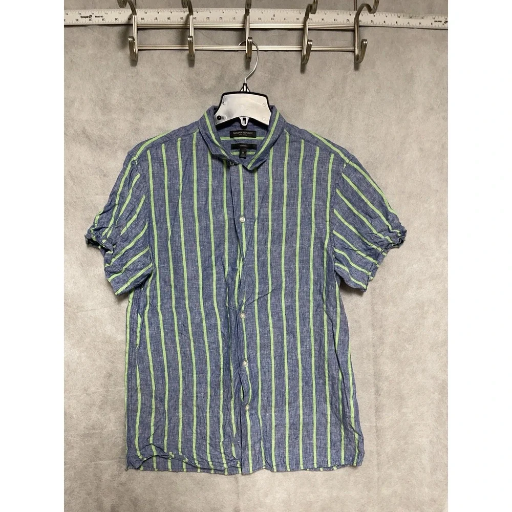 Banana Republic Shirt Men M Blue Striped Linen Button Up Slim‎ Loop Collar Camp